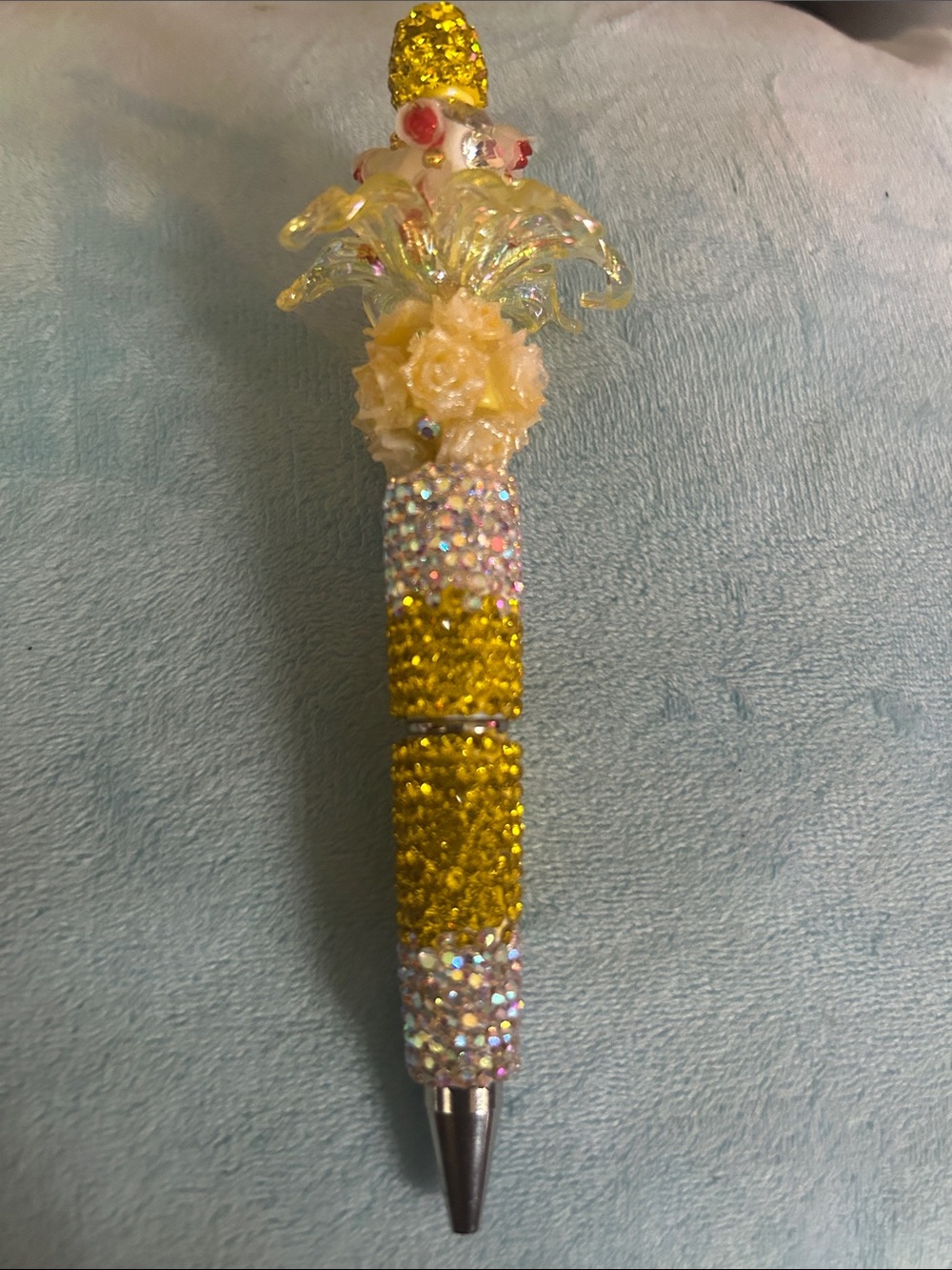 Handmade Custom Beaded Pen Gold Iridescent Rhinestone Flower Focal Pen